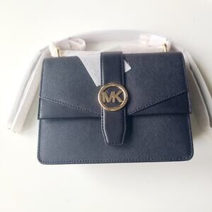 MICHAEL KORS GREENWICH small shoulder FLAP CROSSBODY BAG MK Black and Gold MULTI